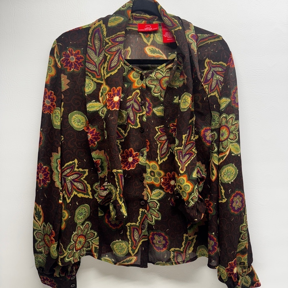 Oscar semi sheer button up floral print blouse with attached tie size 14